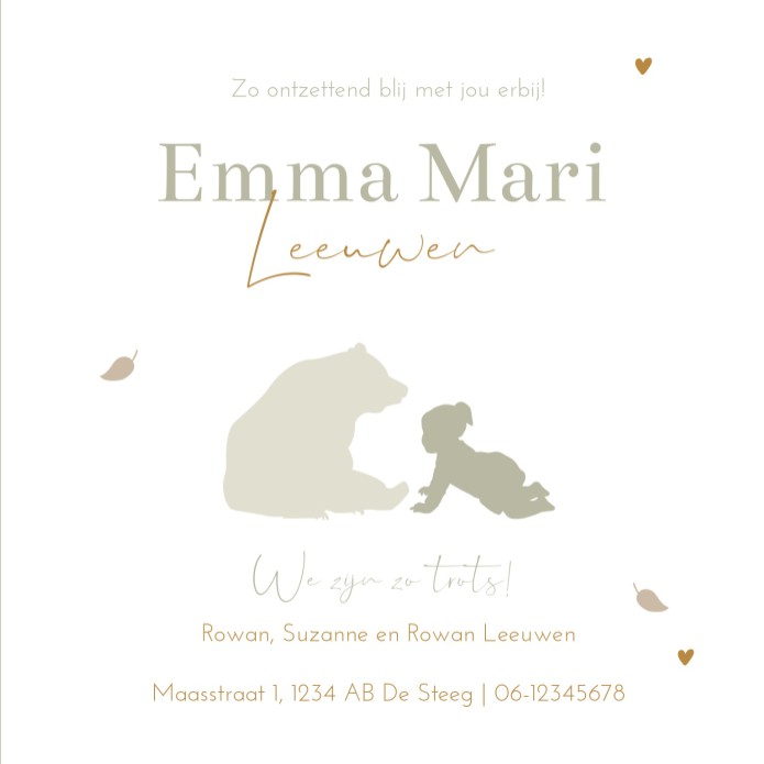Geboortekaartje meisje bosdieren silhouet Emma binnen